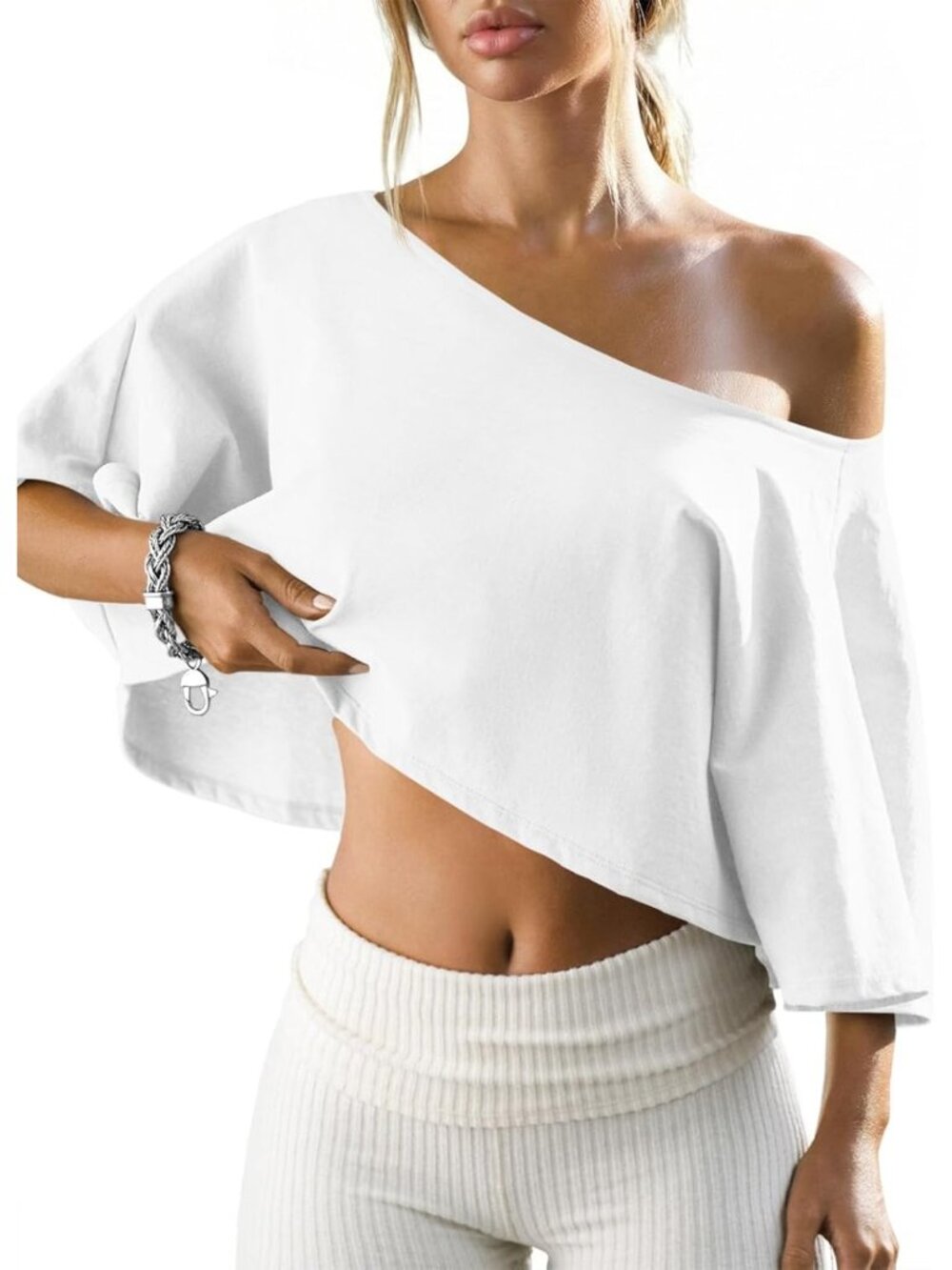 Women's White Shoulder Cropped Batwing Short Sleeve Neck Summer Casual T Shirts